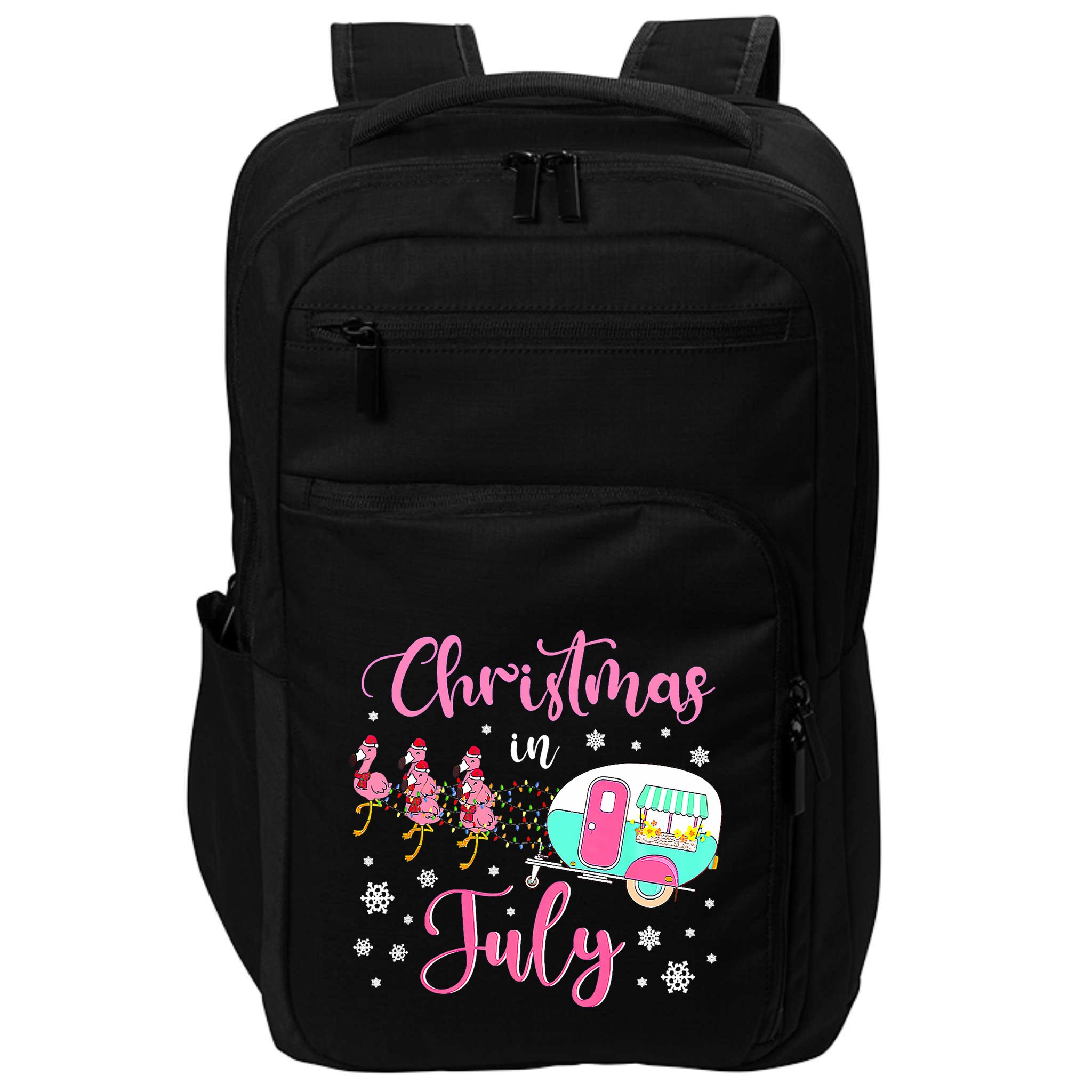 Christmas In July Flamingo Santa Hat Camper Camping Impact Tech Backpack