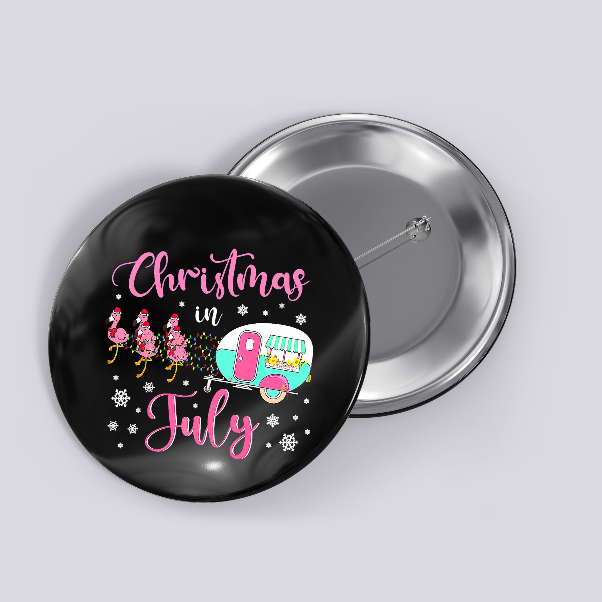 Christmas In July Flamingo Santa Hat Camper Camping Button