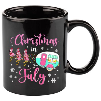 Christmas In July Flamingo Santa Hat Camper Camping 11oz C Handle Ceramic Mug