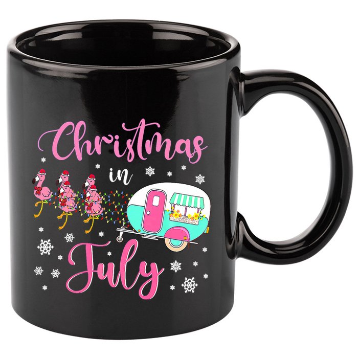 Christmas In July Flamingo Santa Hat Camper Camping 11oz C Handle Ceramic Mug
