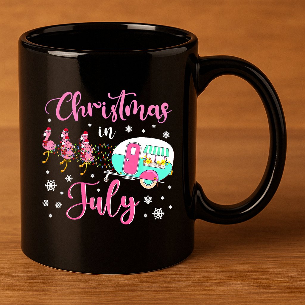 Christmas In July Flamingo Santa Hat Camper Camping 11oz C Handle Ceramic Mug