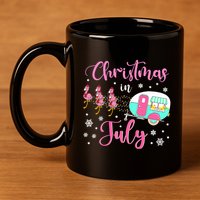 Christmas In July Flamingo Santa Hat Camper Camping 11oz C Handle Ceramic Mug