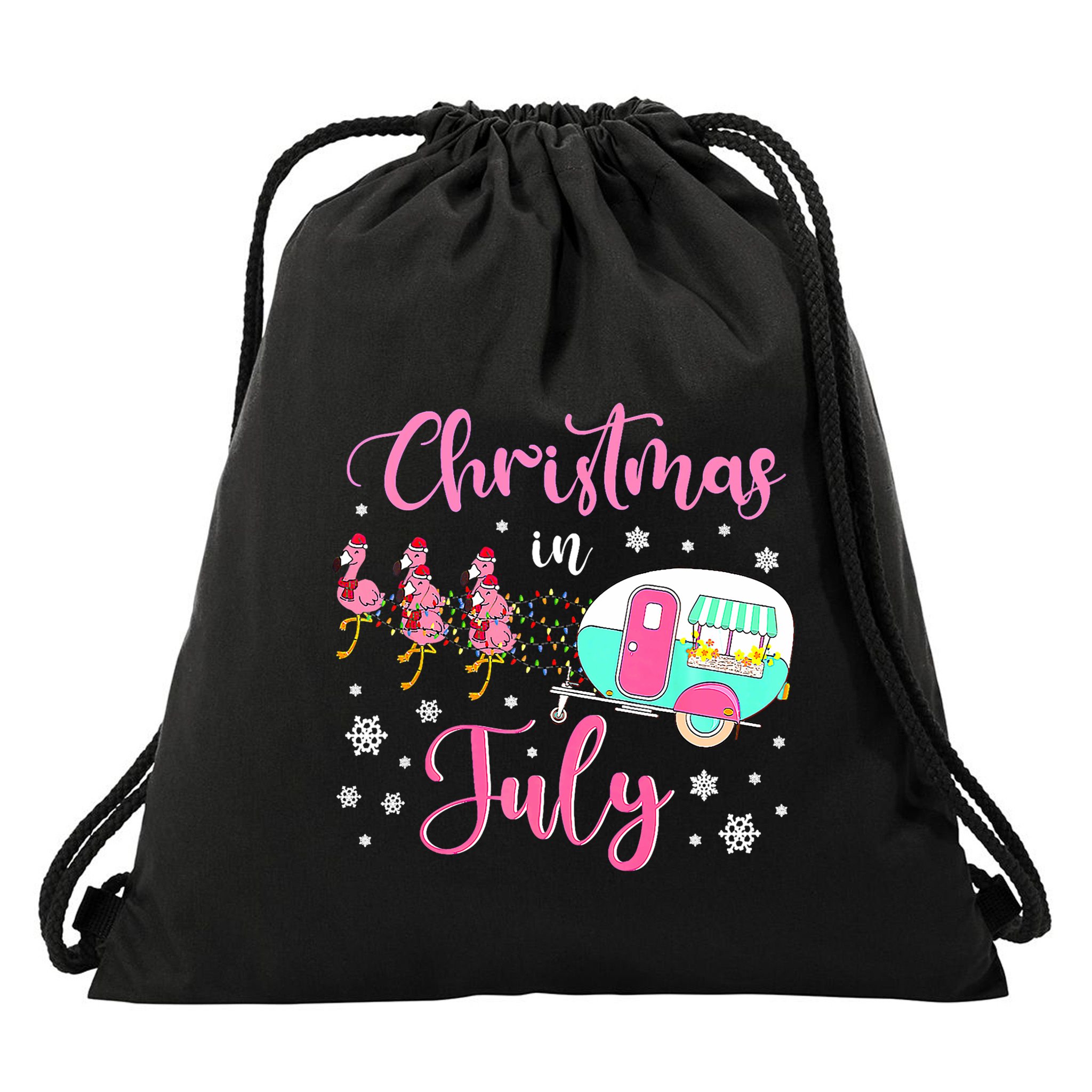 Christmas In July Flamingo Santa Hat Camper Camping Drawstring Bag