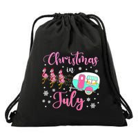 Christmas In July Flamingo Santa Hat Camper Camping Drawstring Bag