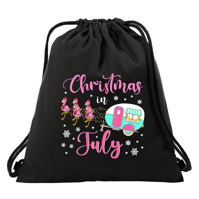 Christmas In July Flamingo Santa Hat Camper Camping Drawstring Bag