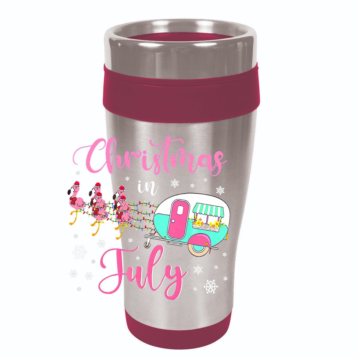 Christmas In July Flamingo Santa Hat Camper Camping 12oz Stainless Steel Coffee Mug