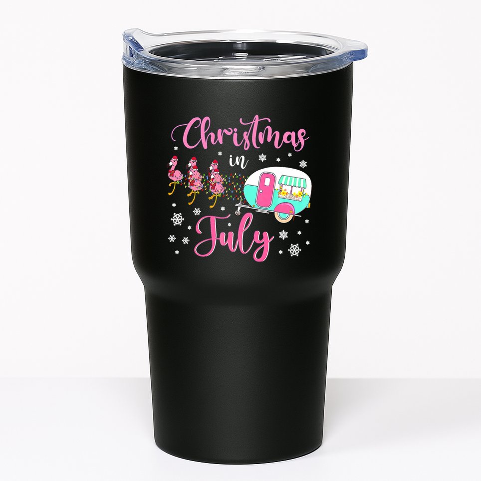 Christmas In July Flamingo Santa Hat Camper Camping Tumbler