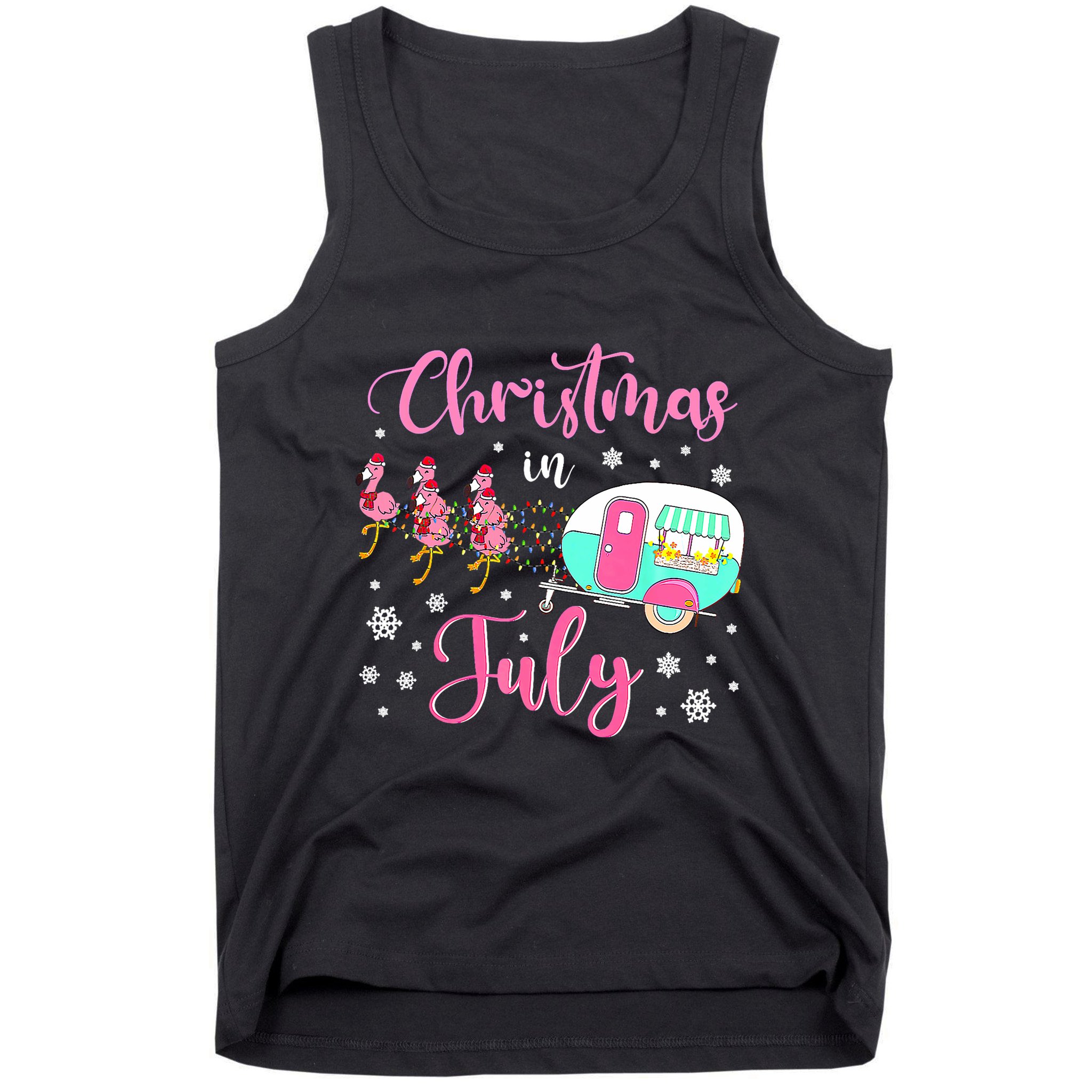 Christmas In July Flamingo Santa Hat Camper Camping Tank Top