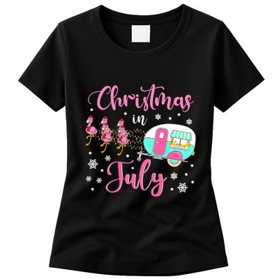 Christmas In July Flamingo Santa Hat Camper Camping Womens T-Shirt