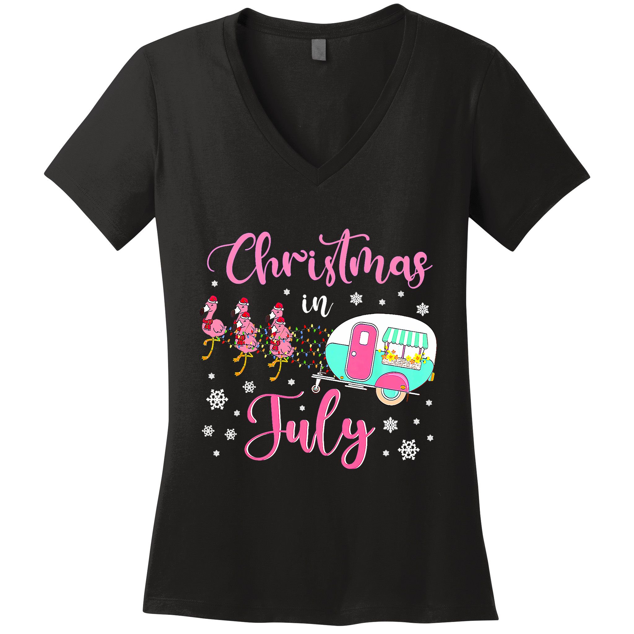 Christmas In July Flamingo Santa Hat Camper Camping Women's V-Neck T-Shirt