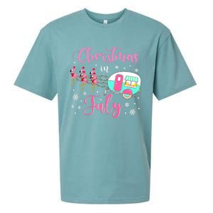 Christmas In July Flamingo Santa Hat Camper Camping Sueded Cloud Jersey T-Shirt