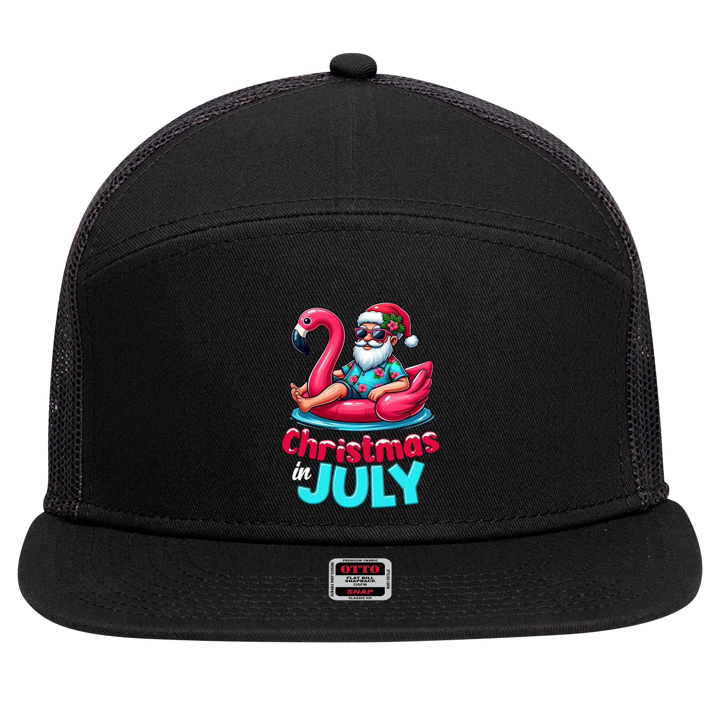 Christmas In July Flamingo Santa Beach Summer 7 Panel Mesh Trucker Snapback Hat