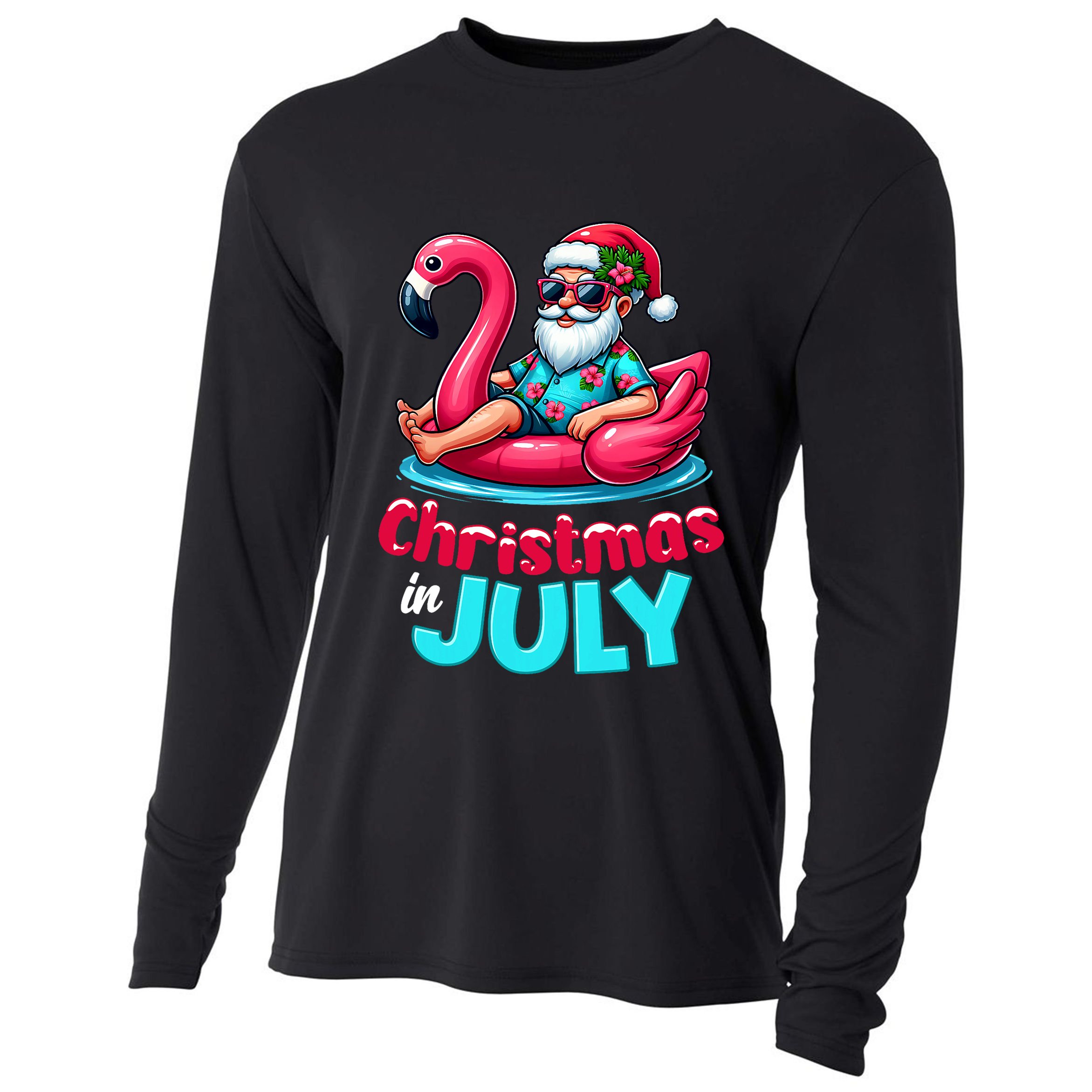 Christmas In July Flamingo Santa Beach Summer Cooling Performance Long Sleeve Crew