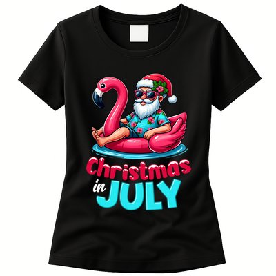 Christmas In July Flamingo Santa Beach Summer Womens T-Shirt