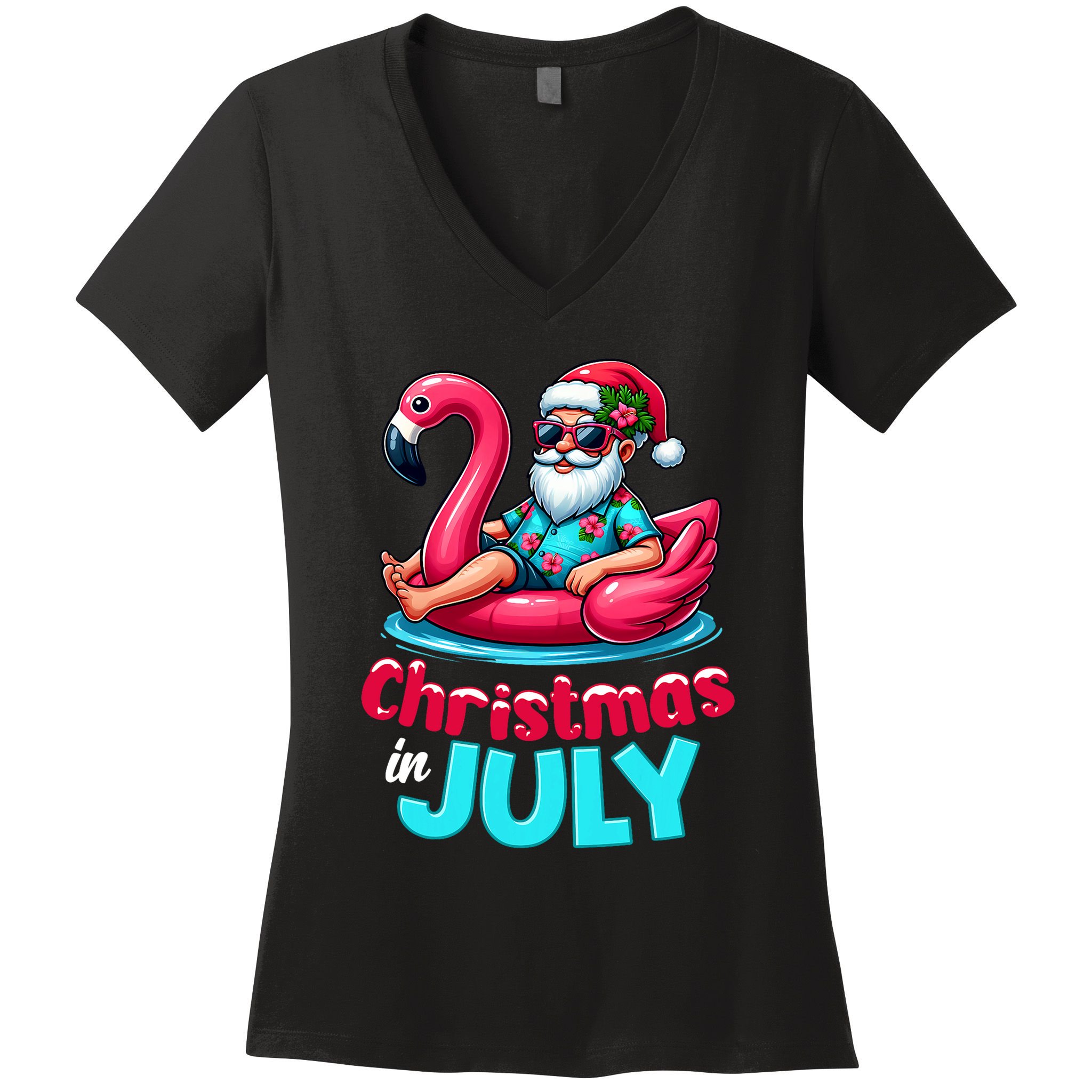 Christmas In July Flamingo Santa Beach Summer Women's V-Neck T-Shirt