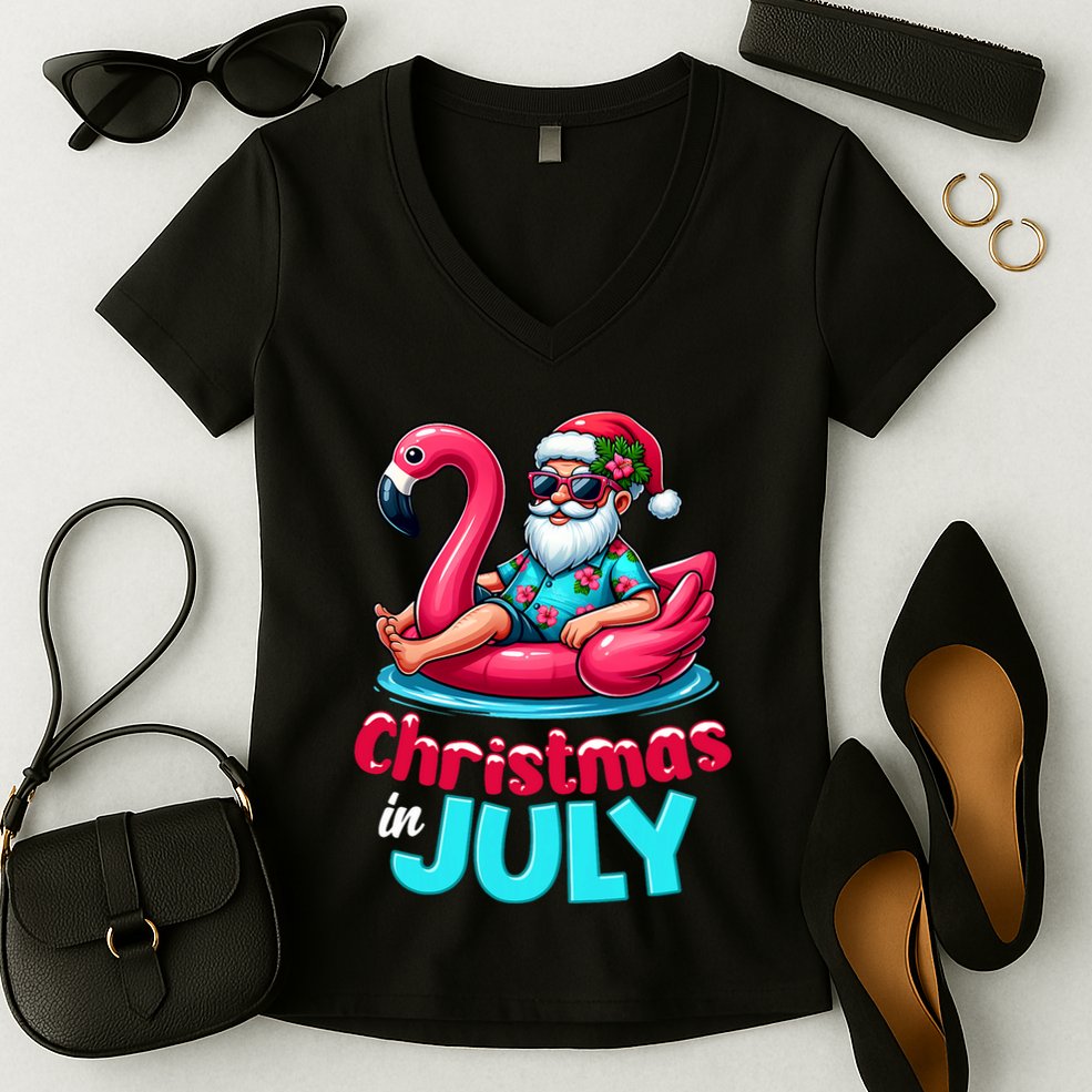 Christmas In July Flamingo Santa Beach Summer Women's V-Neck T-Shirt