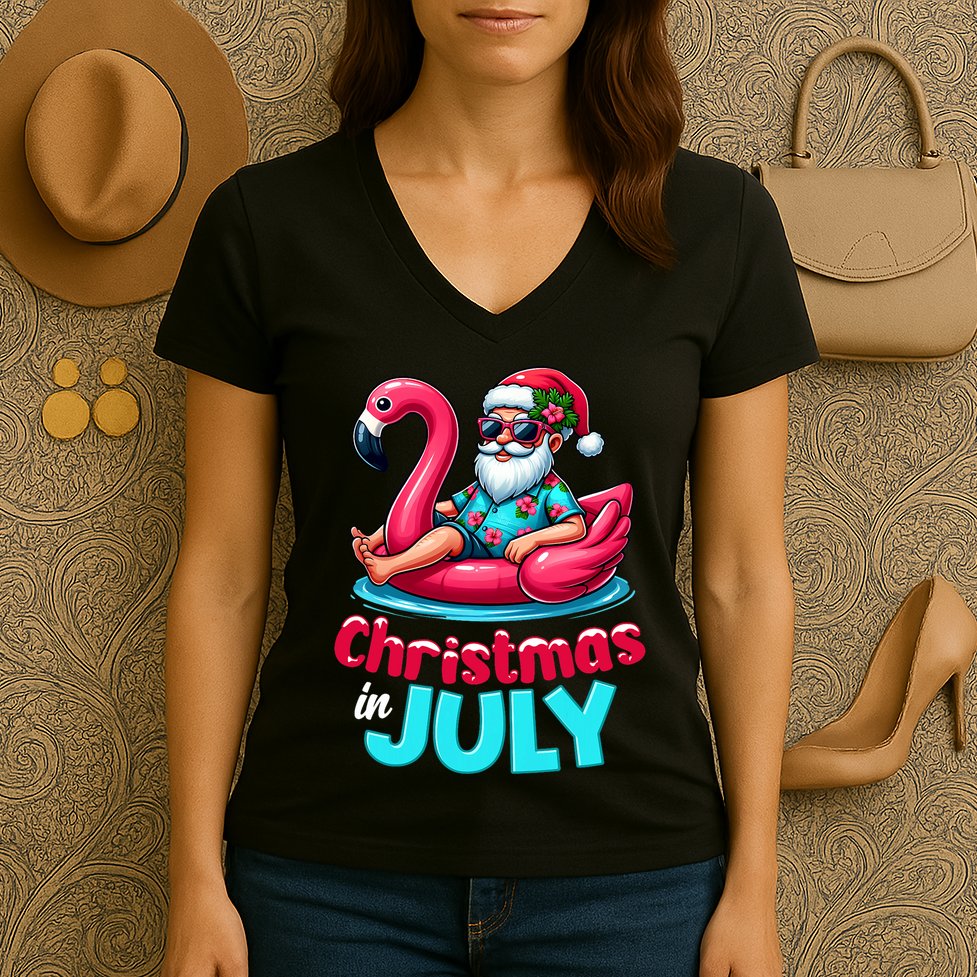 Christmas In July Flamingo Santa Beach Summer Women's V-Neck T-Shirt