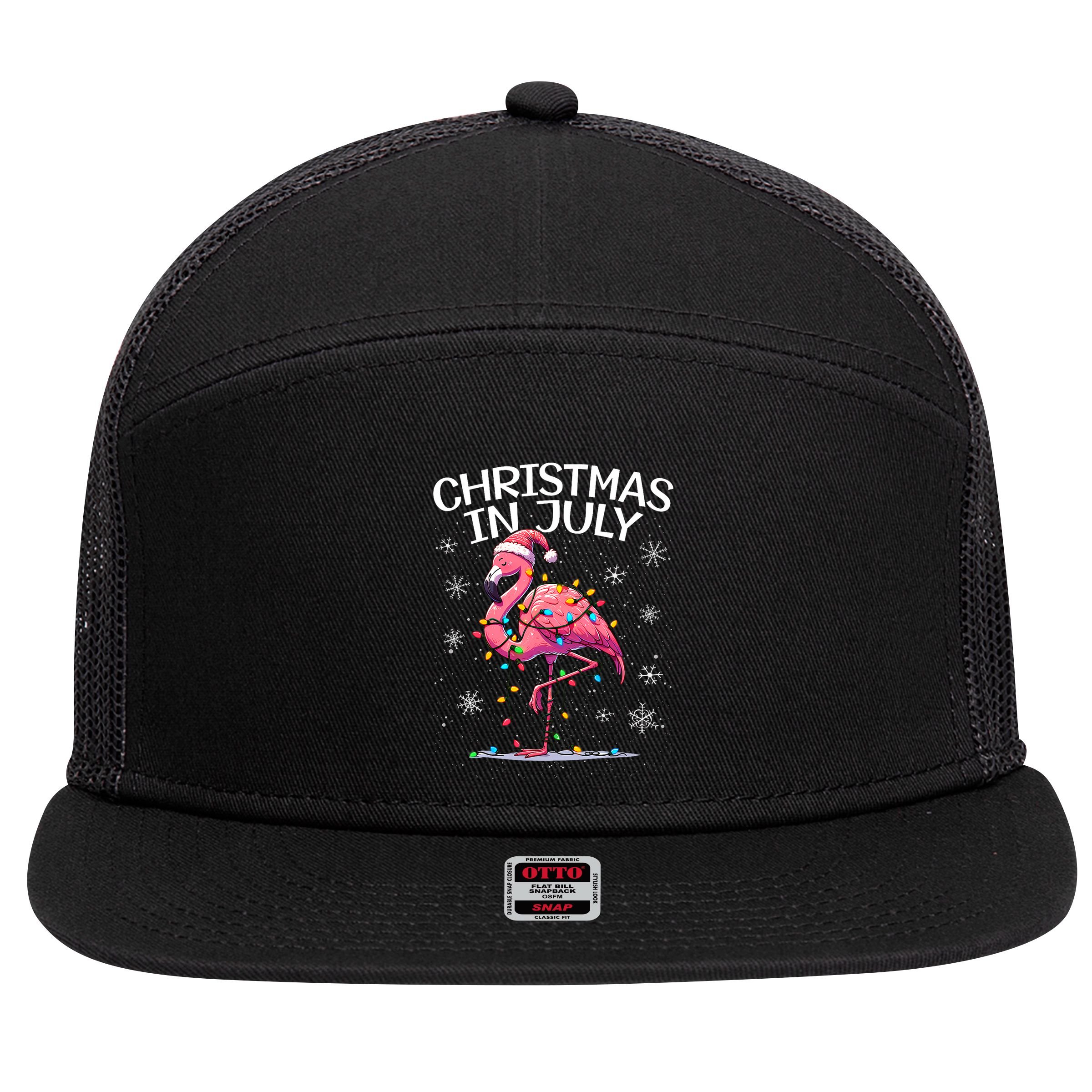 Christmas In July Flamingo Santa Summer Xmas 7 Panel Mesh Trucker Snapback Hat
