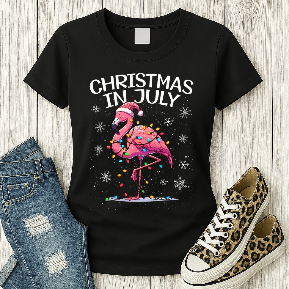 Christmas In July Flamingo Santa Summer Xmas Womens T-Shirt