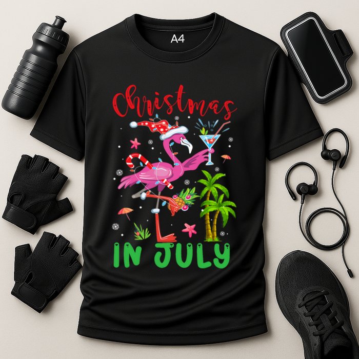 Christmas In July Flamingo Santa Summer Xmas Cooling Performance Crew T-Shirt