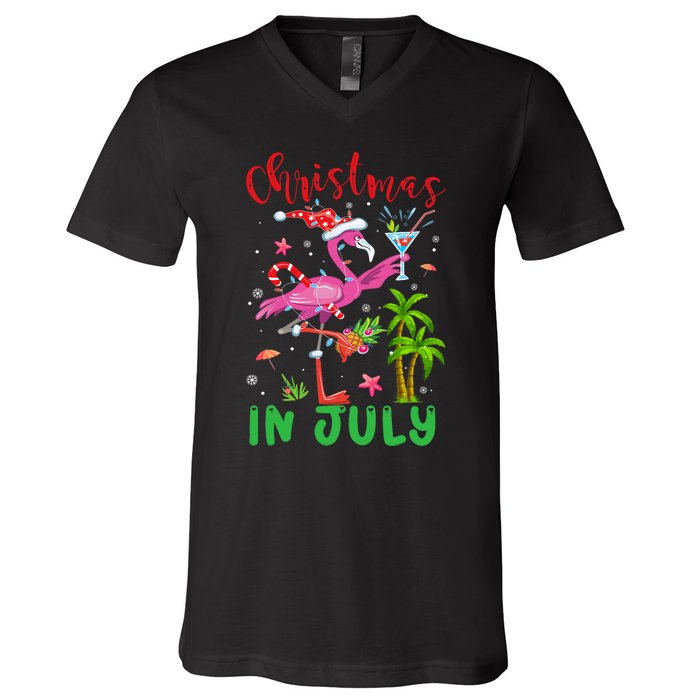 Christmas In July Flamingo Santa Summer Xmas V-Neck T-Shirt