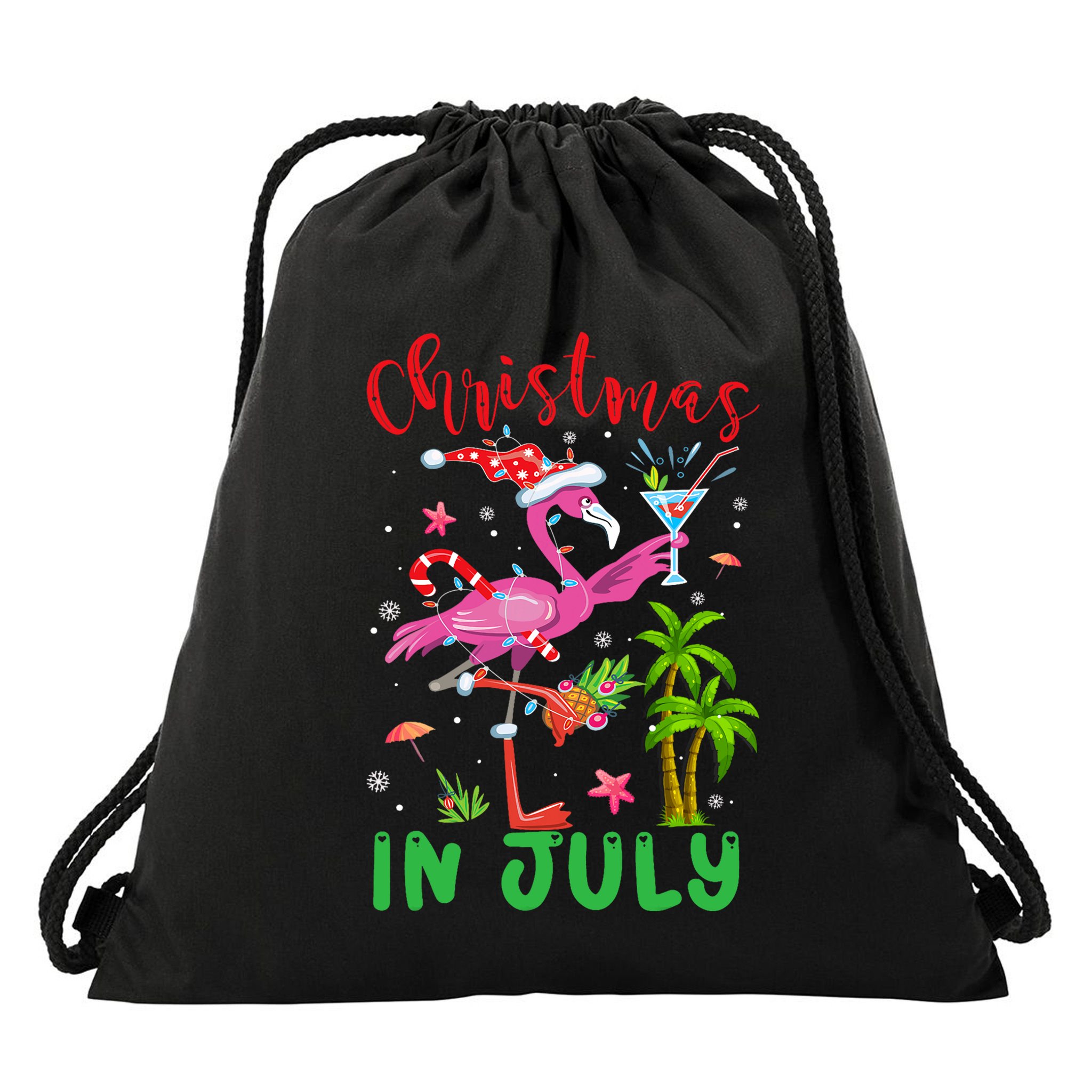 Christmas In July Flamingo Santa Summer Xmas Drawstring Bag
