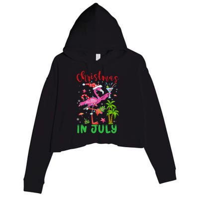 Christmas In July Flamingo Santa Summer Xmas Crop Fleece Hoodie