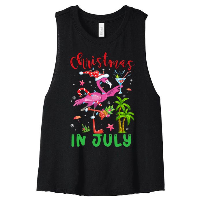 Christmas In July Flamingo Santa Summer Xmas Women's Racerback Cropped Tank