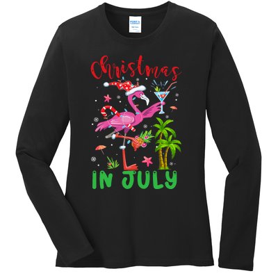 Christmas In July Flamingo Santa Summer Xmas Ladies Long Sleeve Shirt