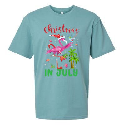 Christmas In July Flamingo Santa Summer Xmas Sueded Cloud Jersey T-Shirt