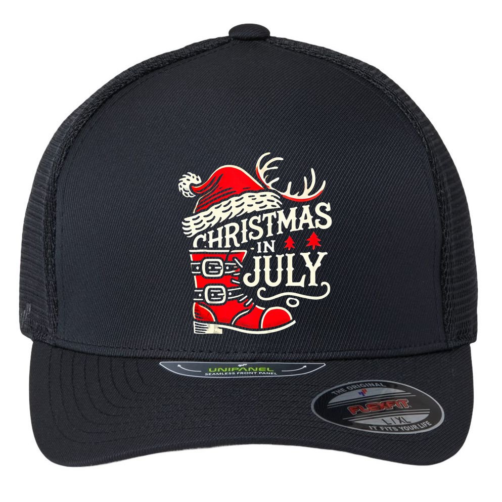 Christmas In July Funny Elf For Summer Xmas Delights Flexfit Unipanel Trucker Cap