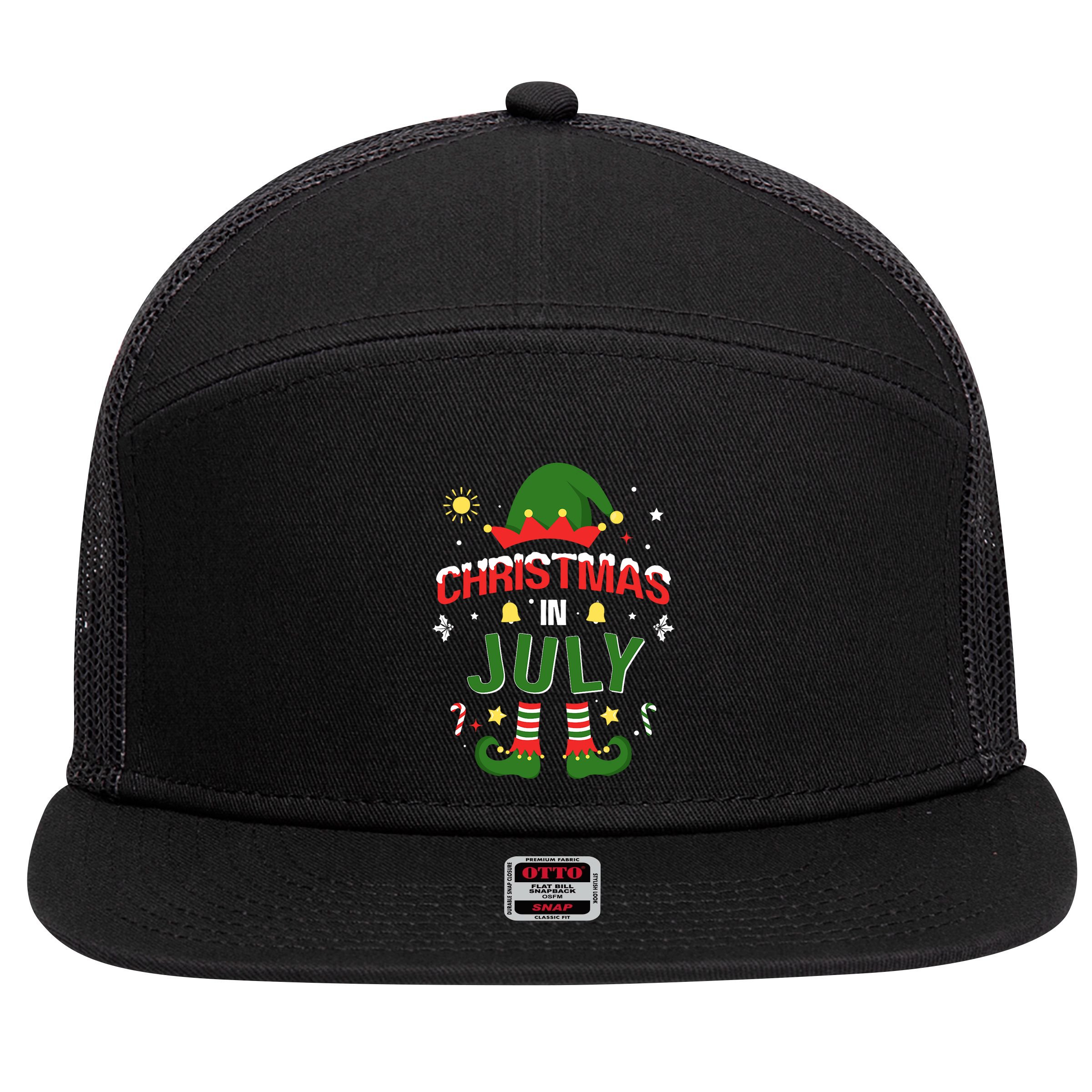 Christmas In July Funny Elf For Summer Xmas 7 Panel Mesh Trucker Snapback Hat