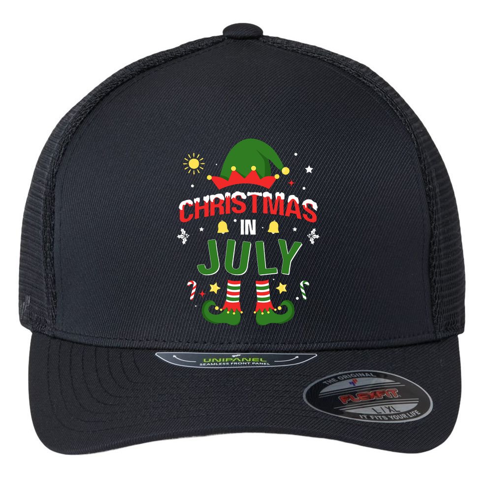 Christmas In July Funny Elf For Summer Xmas Flexfit Unipanel Trucker Cap