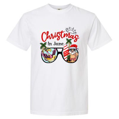 Christmas In June Sunglasses Santa Flamingo Summer Vacation  Garment-Dyed Heavyweight T-Shirt