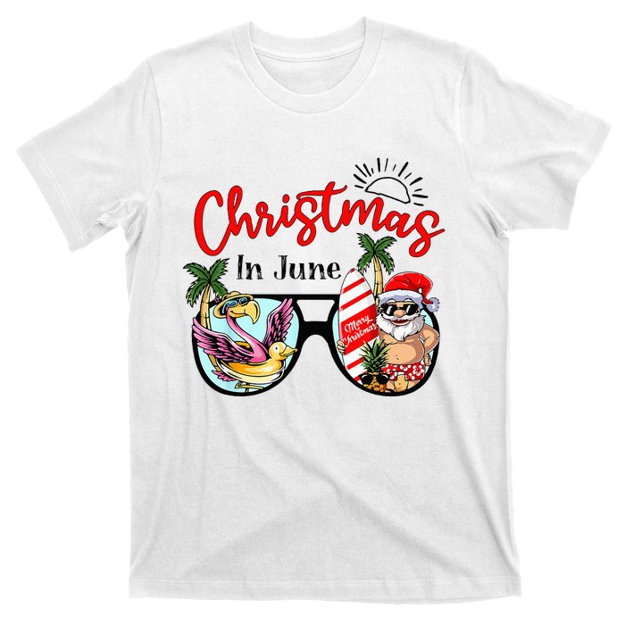 Christmas In June Sunglasses Santa Flamingo Summer Vacation  T-Shirt