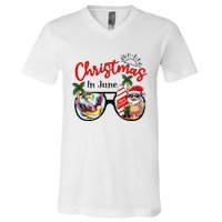 Christmas In June Sunglasses Santa Flamingo Summer Vacation  V-Neck T-Shirt