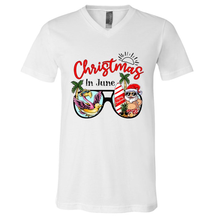 Christmas In June Sunglasses Santa Flamingo Summer Vacation  V-Neck T-Shirt