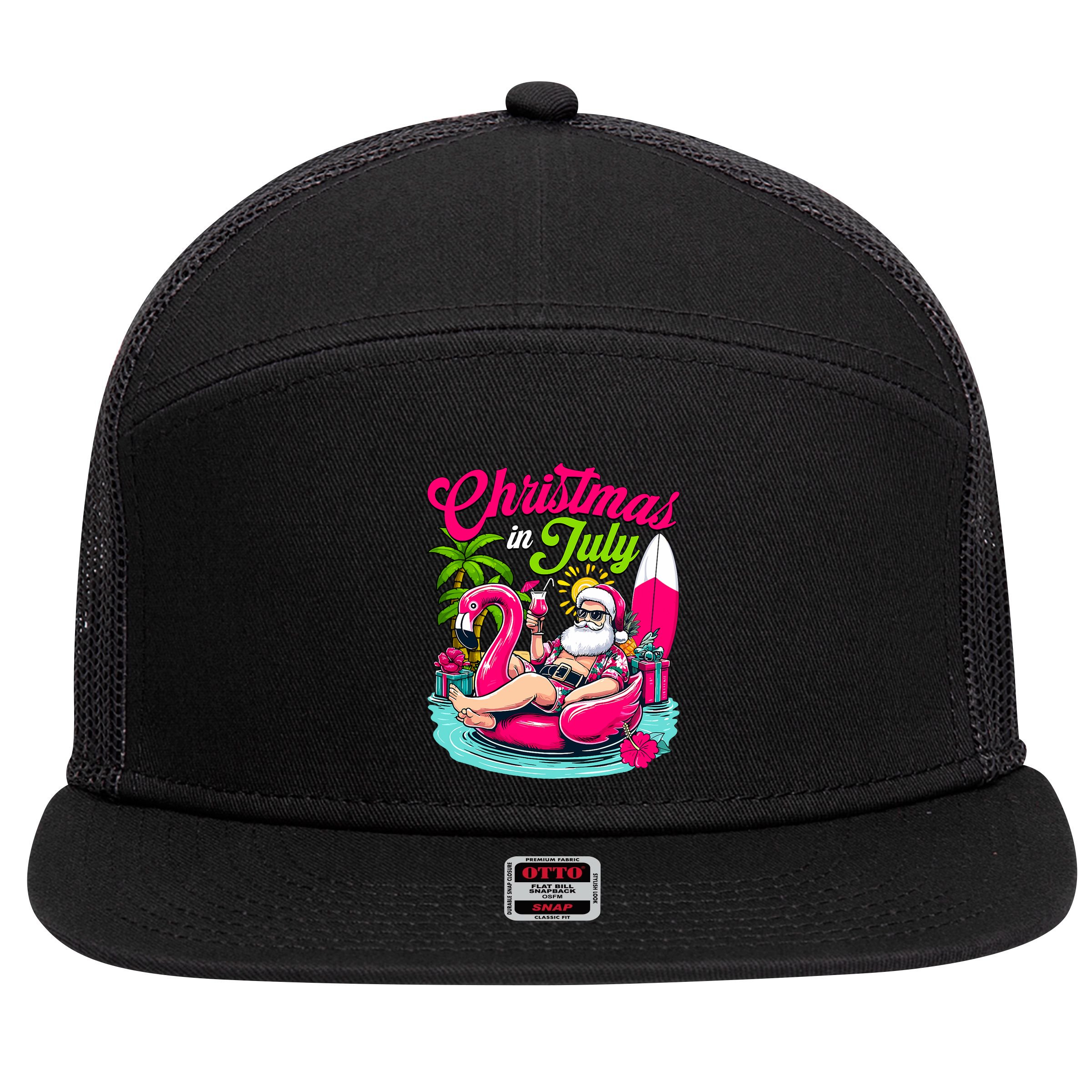 Christmas In July Hawaiian Santa Claus Beach Summer Vacation 7 Panel Mesh Trucker Snapback Hat