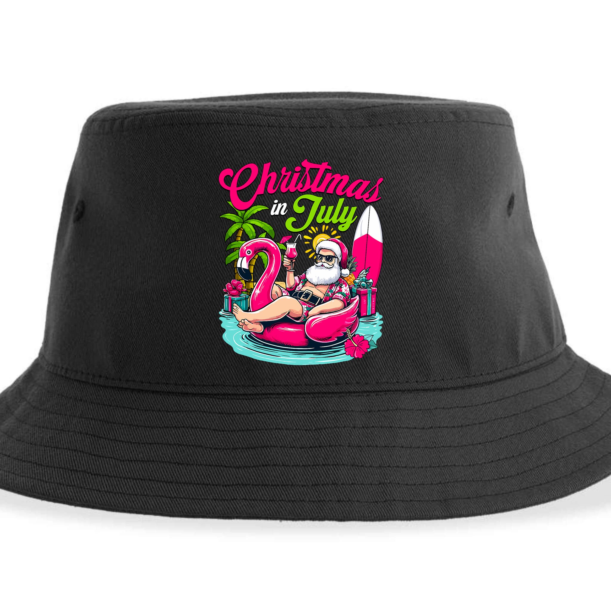 Christmas In July Hawaiian Santa Claus Beach Summer Vacation Sustainable Bucket Hat