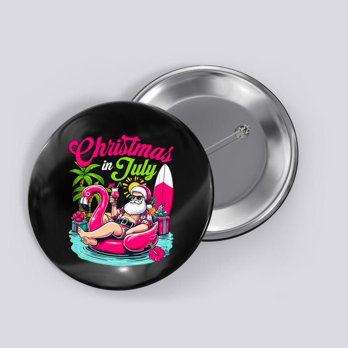 Christmas In July Hawaiian Santa Claus Beach Summer Vacation Button