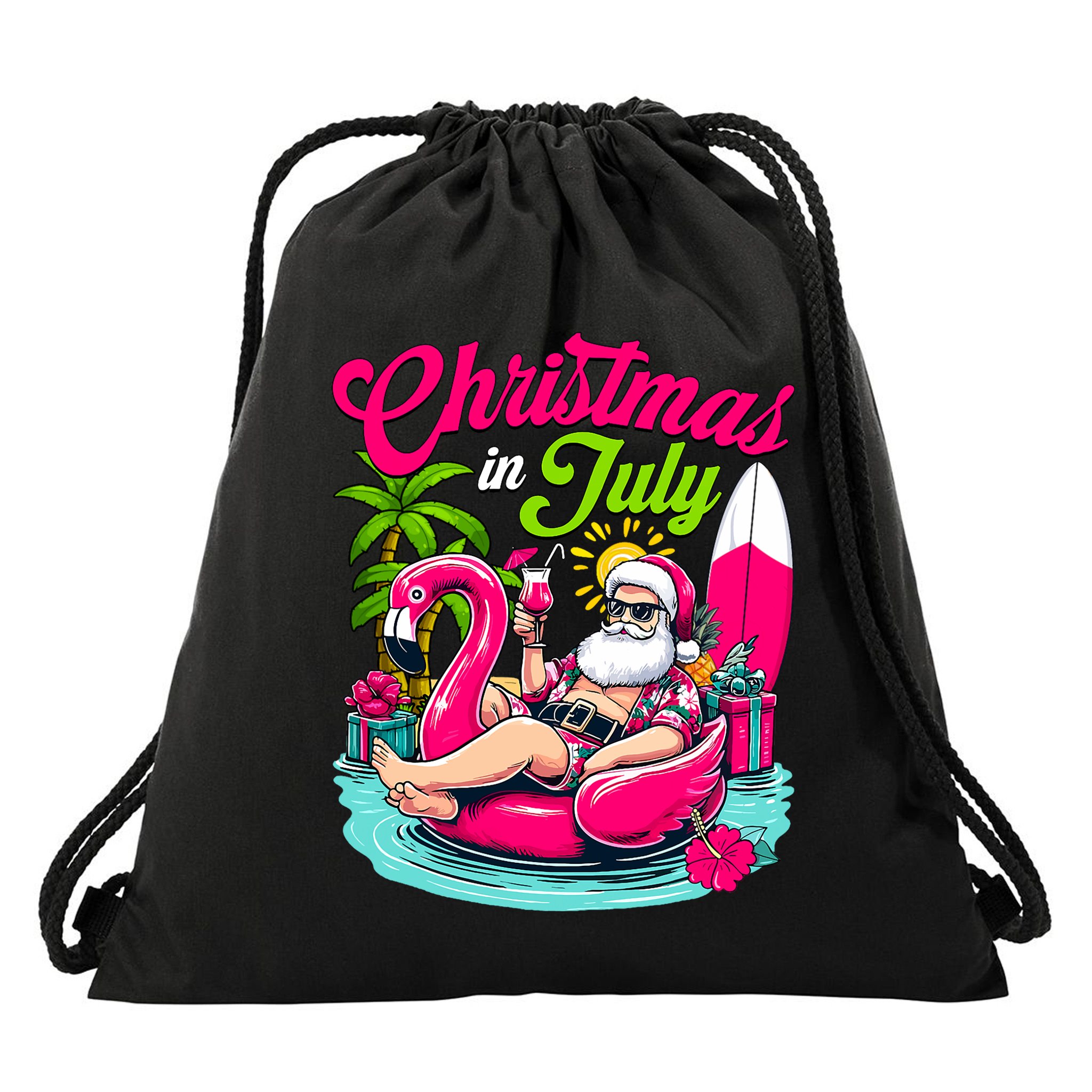 Christmas In July Hawaiian Santa Claus Beach Summer Vacation Drawstring Bag