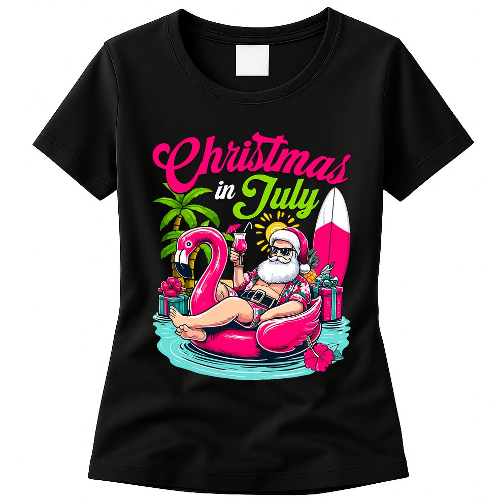 Christmas In July Hawaiian Santa Claus Beach Summer Vacation Womens T-Shirt