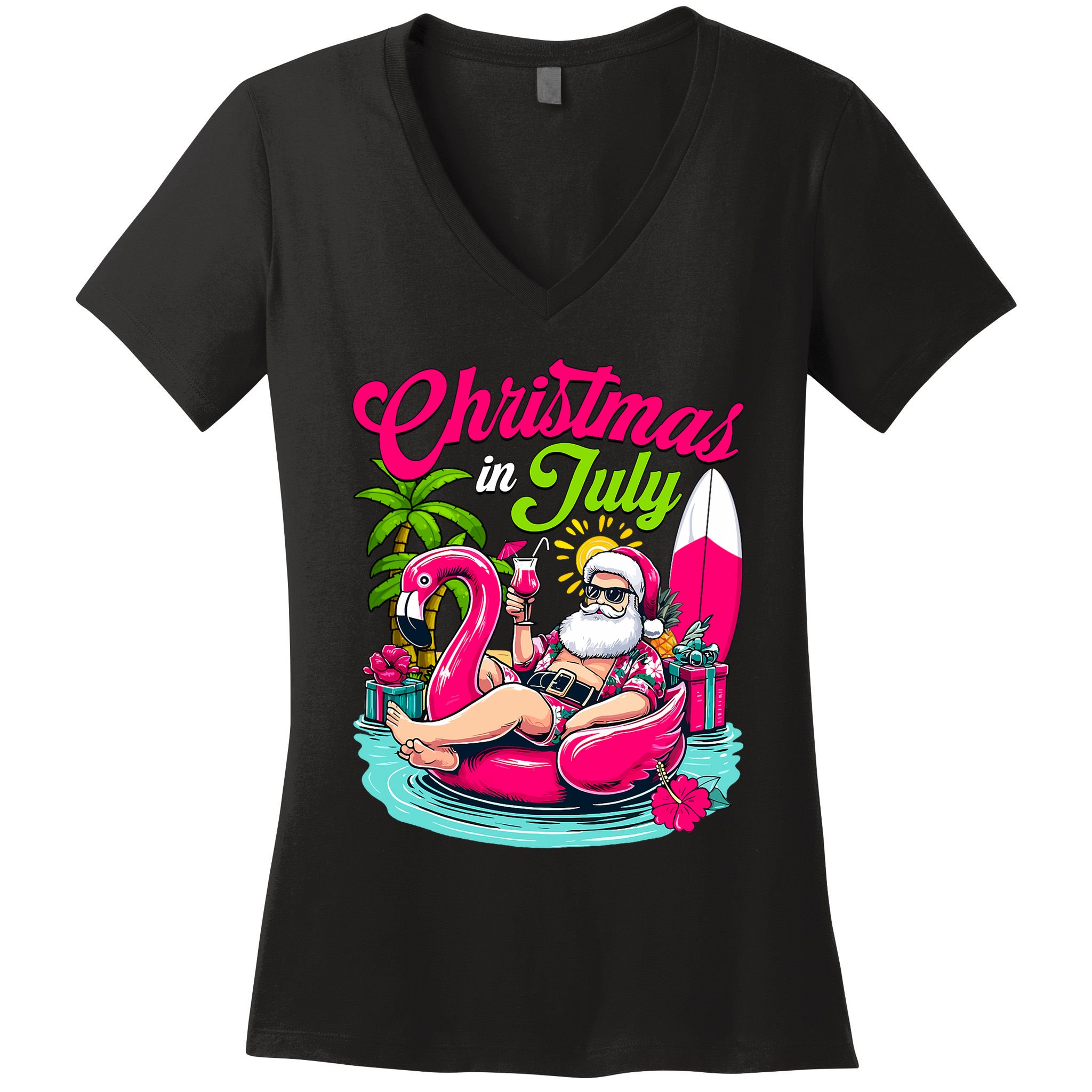 Christmas In July Hawaiian Santa Claus Beach Summer Vacation Women's V-Neck T-Shirt