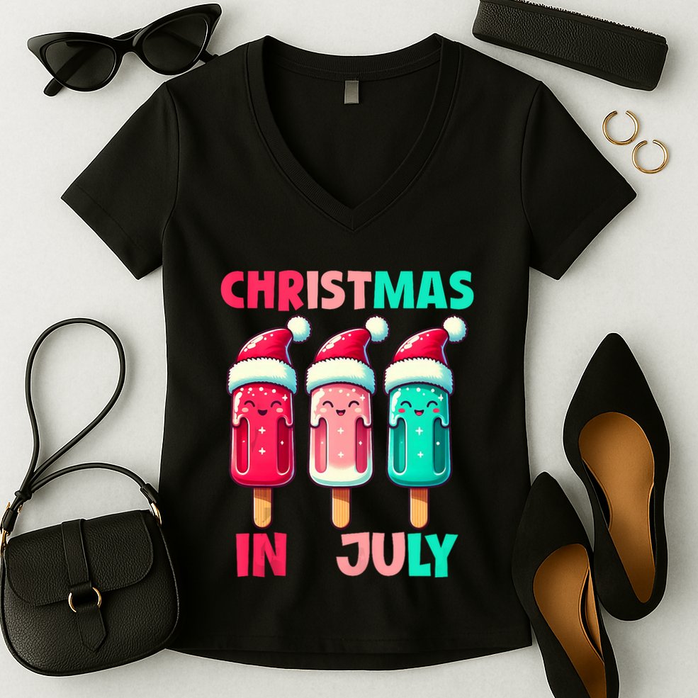 Christmas In July Ice Pops In Santa Hat Cute Women's V-Neck T-Shirt
