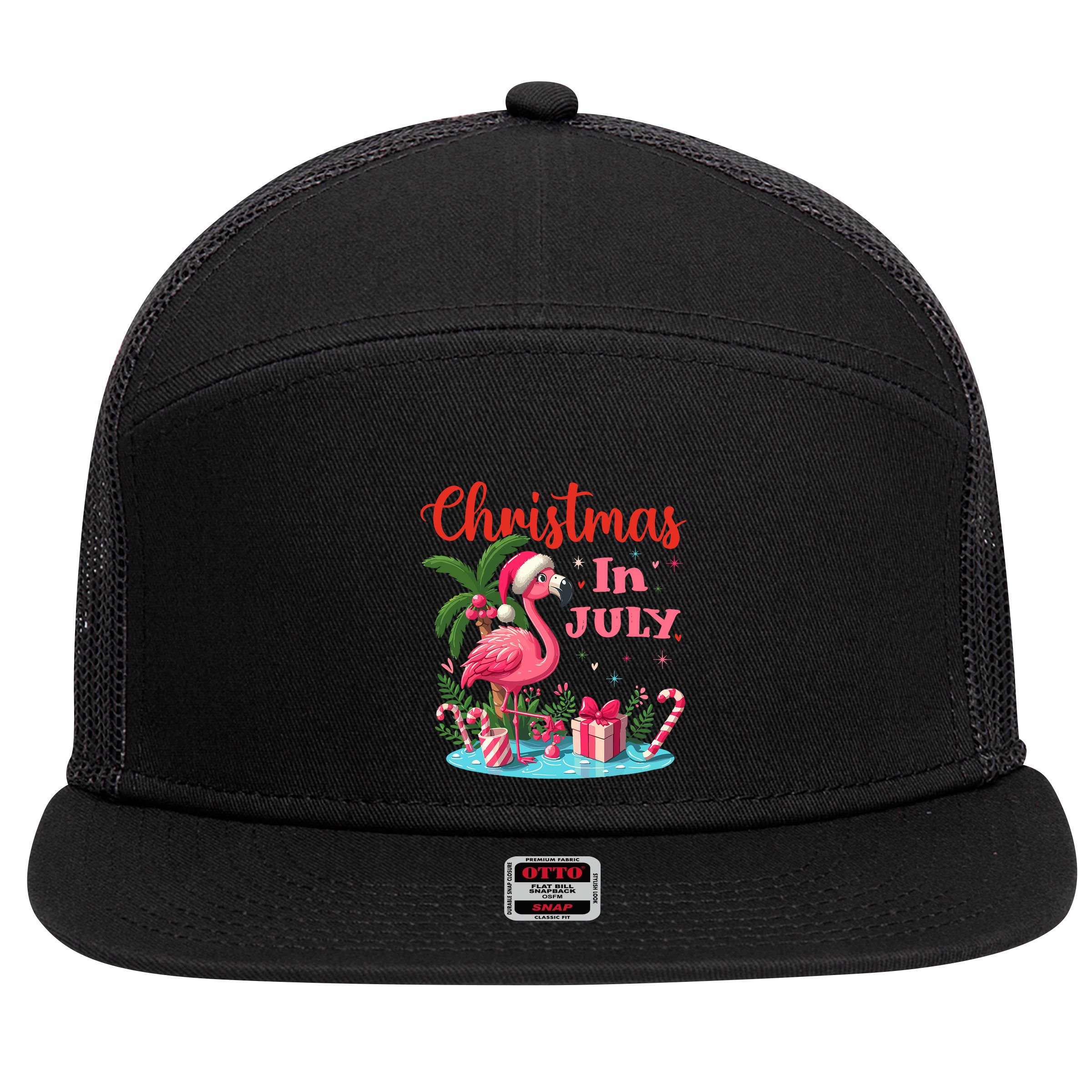 Christmas In July Flamingo Santa Hat 7 Panel Mesh Trucker Snapback Hat