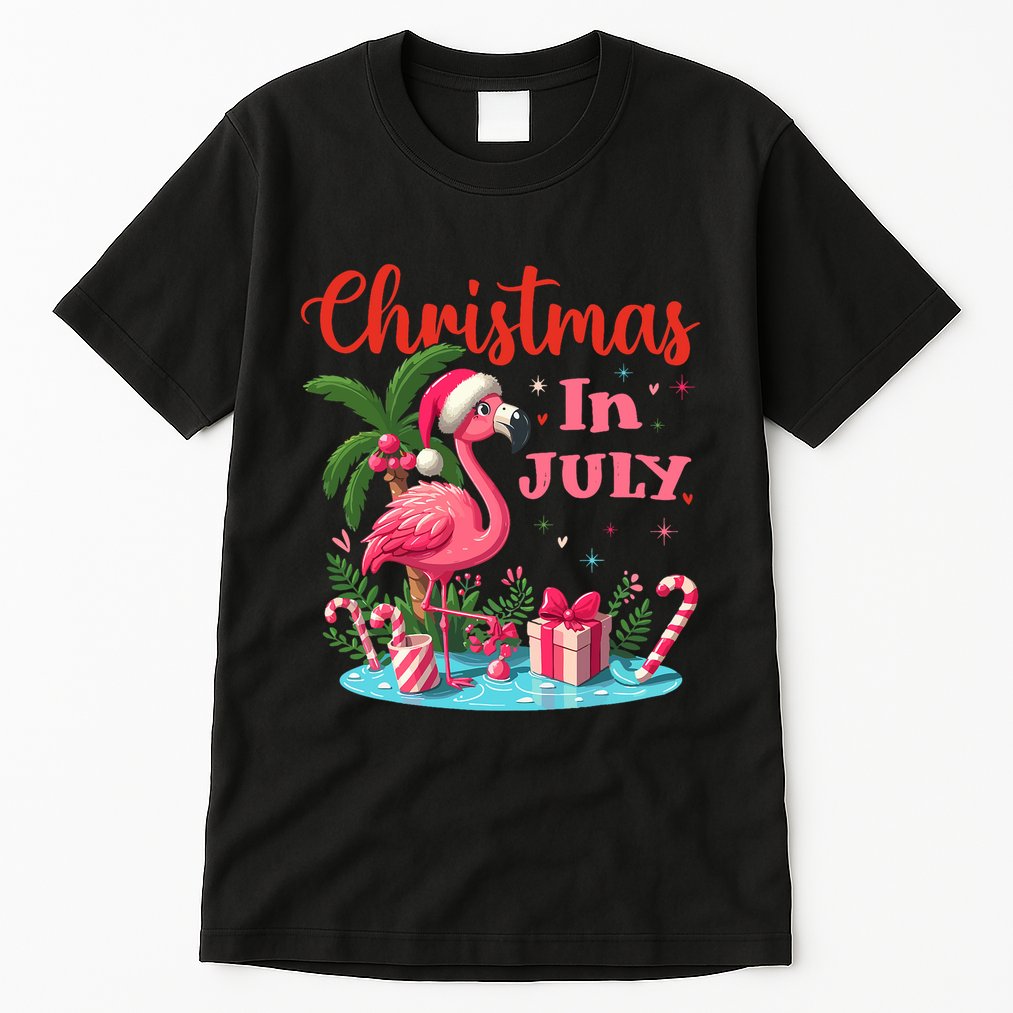 Christmas In July Flamingo Santa Hat Tall T-Shirt