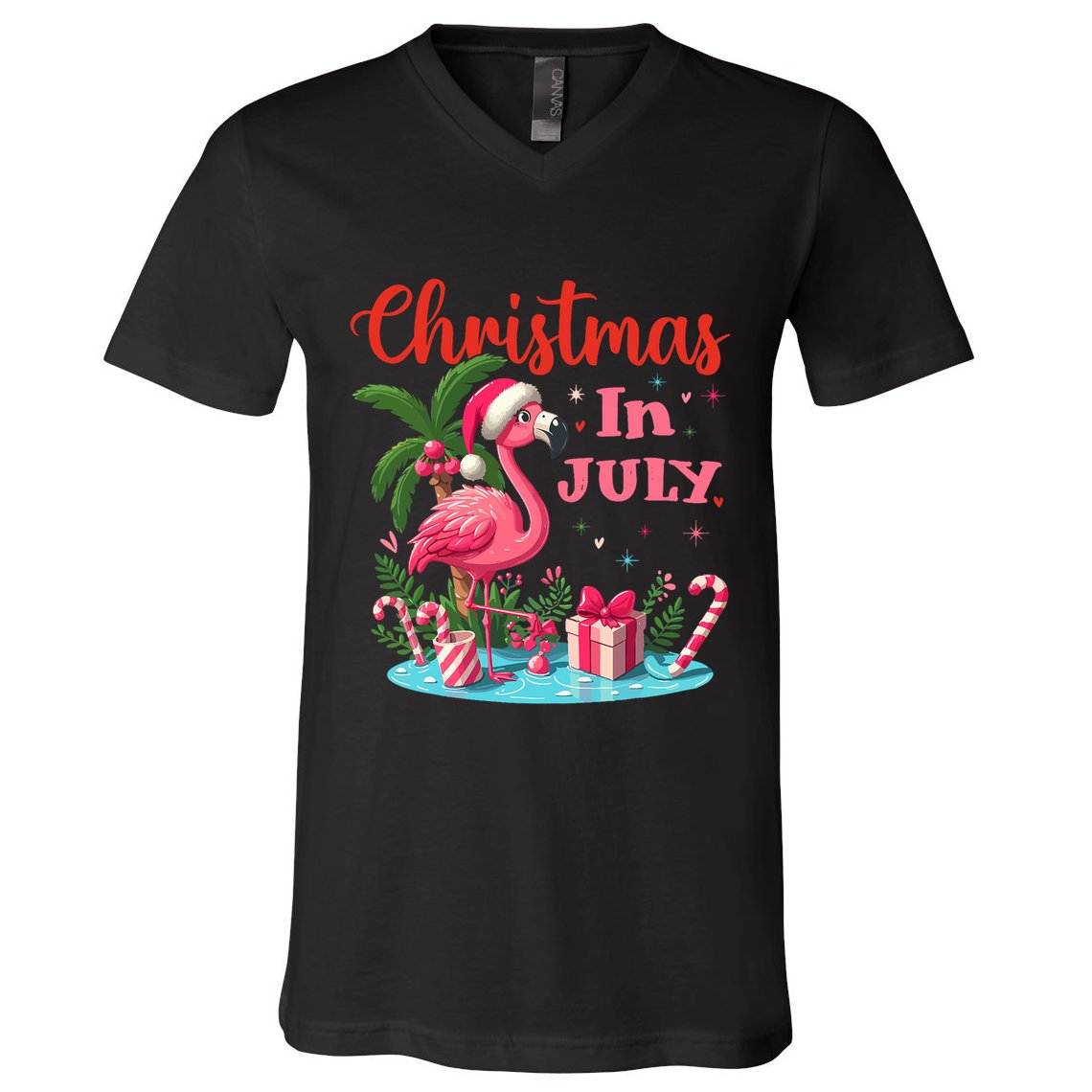Christmas In July Flamingo Santa Hat V-Neck T-Shirt