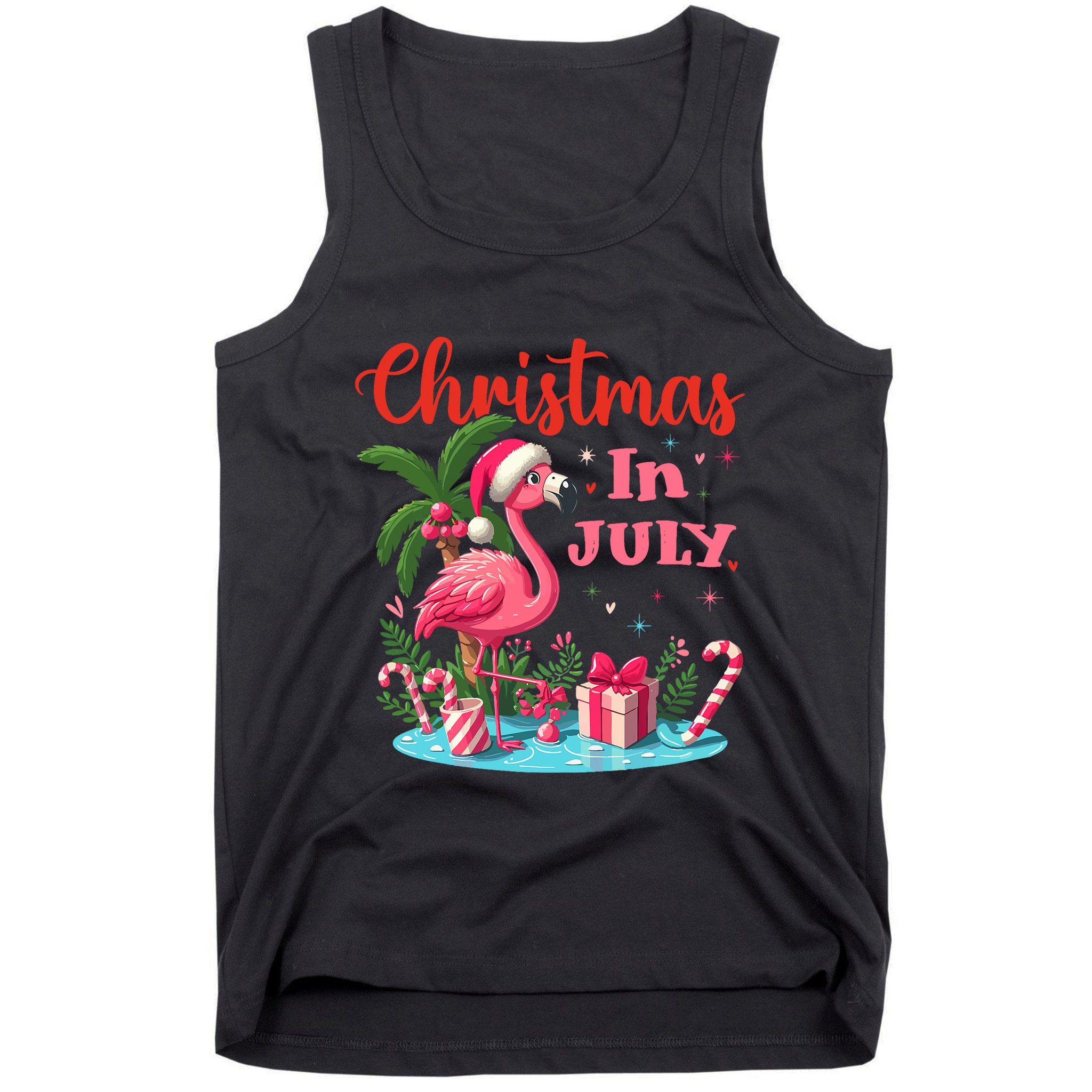 Christmas In July Flamingo Santa Hat Tank Top