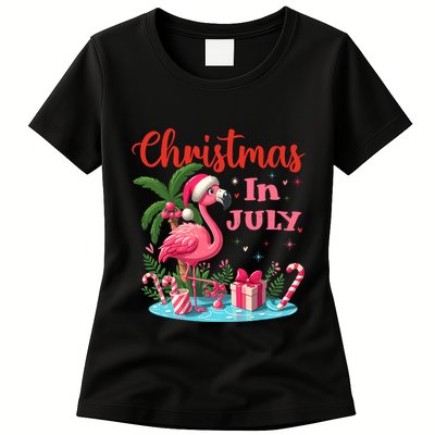 Christmas In July Flamingo Santa Hat Womens T-Shirt