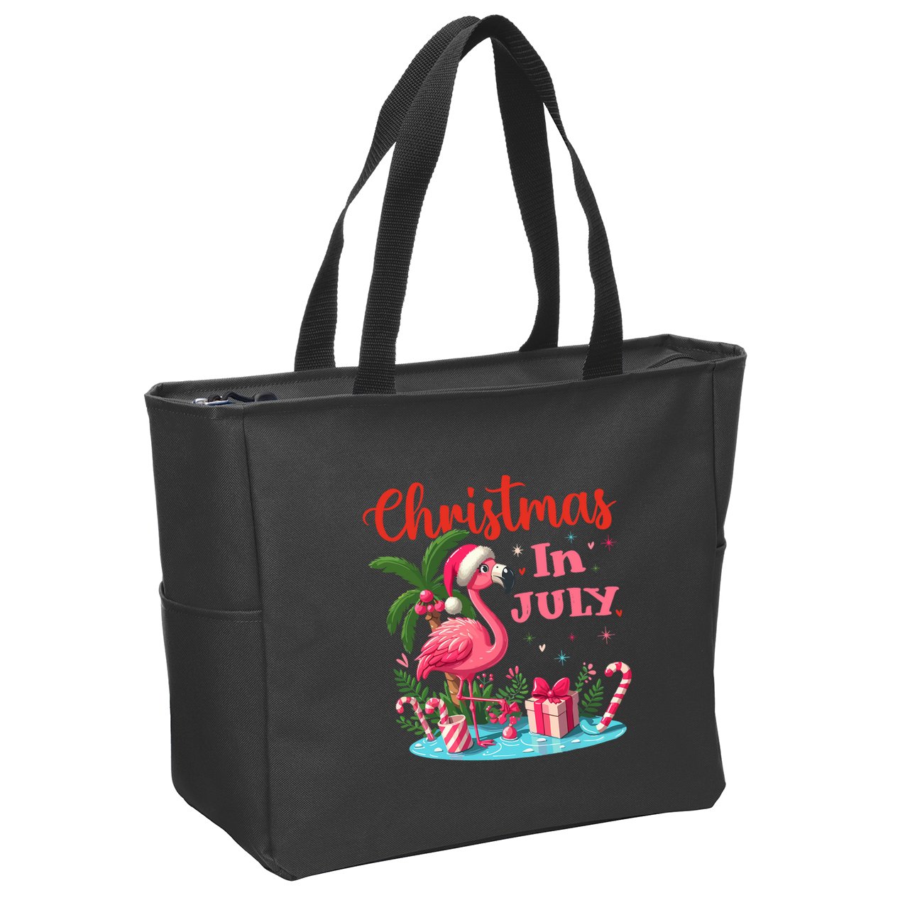 Christmas In July Flamingo Santa Hat Zip Tote Bag